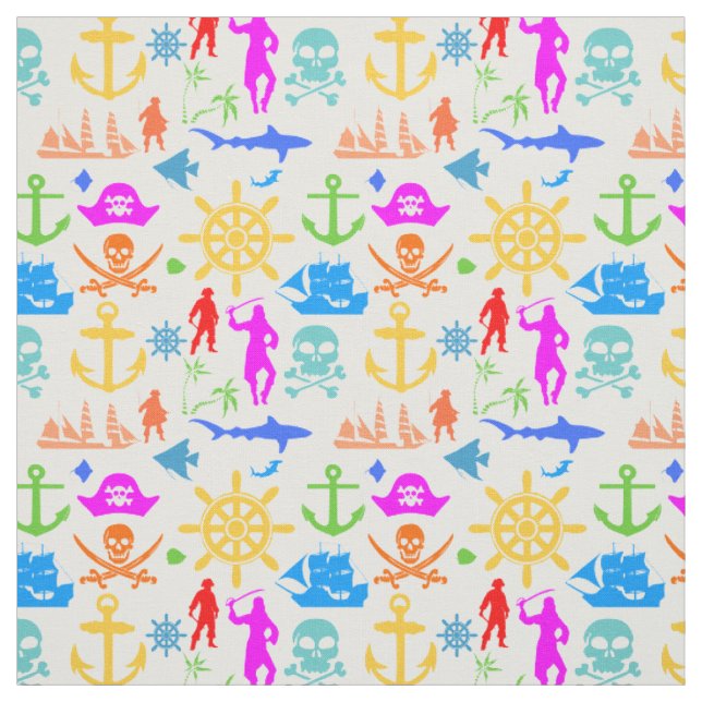Ships, Fishes, Pirates. Colourful Nautical Pattern Fabric (Swatch)