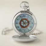 Ship's Helm Nautical Pocket Watch Blue<br><div class="desc">Nautical pocket watch that can personalized with your own text. All formatted and ready for you to edit in the simple zazzle editor. Designed with a ship helm image and black accents on an abstract blue and green background. your choice of silver tone or gold tone case. Created in part...</div>