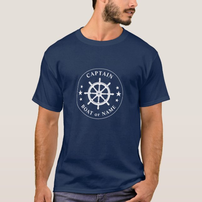 Ships Helm Wheel Stars Captain or Boat Name Navy T-Shirt (Front)