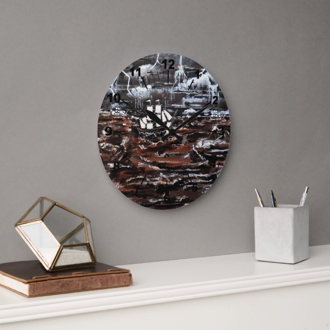 Ships in a Storm Painting by Alfred Fox Large Clock (Office)