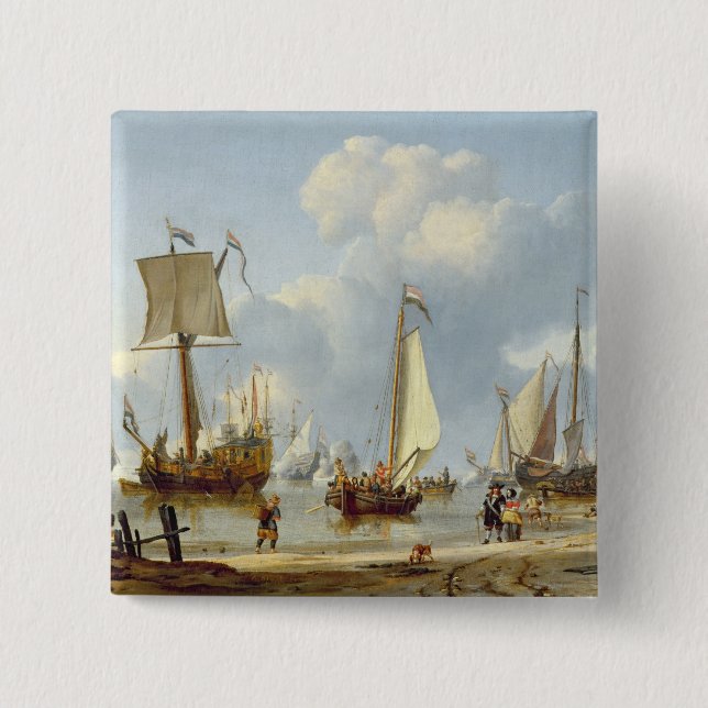 Ships in Calm Water with Figures by the Shore 2 Inch Square Button (Front)