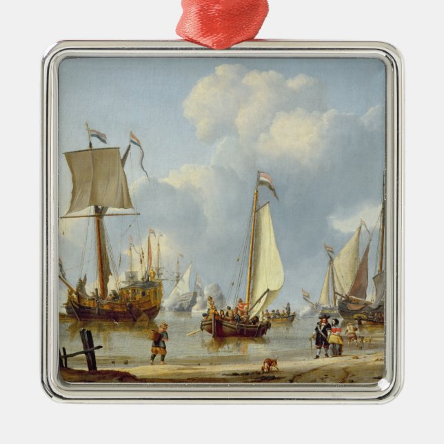 Ships in Calm Water with Figures by the Shore Metal Ornament (Front)