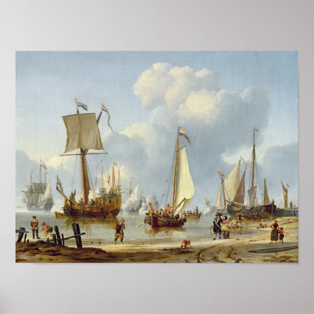 Ships in Calm Water with Figures by the Shore Poster (Front)