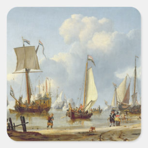 Ships in Calm Water with Figures by the Shore Square Sticker