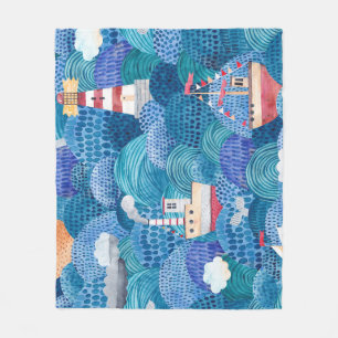 Ships & Lighthouse: Childish Watercolor Fleece Blanket