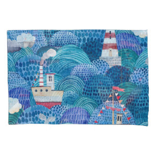 Ships & Lighthouse: Childish Watercolor Pillowcase