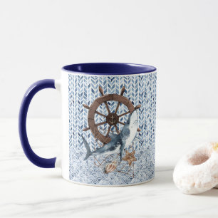 Ship's steering wheel and shark mug