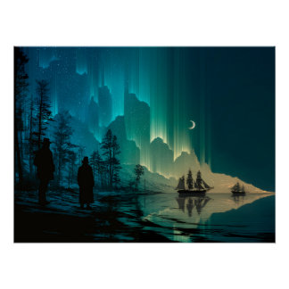 Ships under the crescent moon and Northern Lights Poster