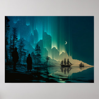 Ships under the crescent moon and Northern Lights Poster