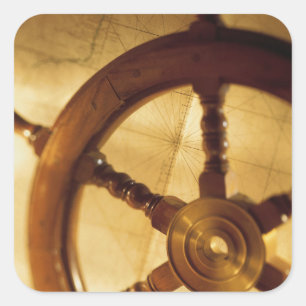 Ship'S Wheel And Map Square Sticker