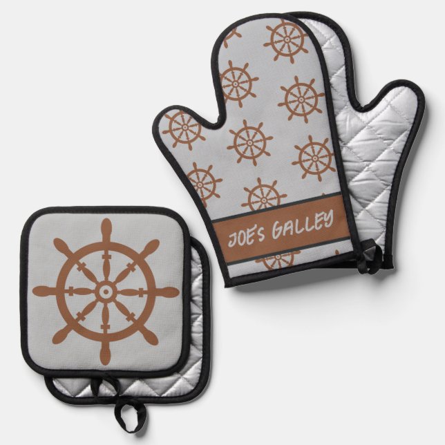Ships Wheel Galley Boating Theme Oven Mitt & Pot Holder Set (Front/Back)