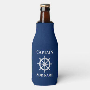 Ships Wheel Helm Captain Name or Boat Name Navy Bottle Cooler