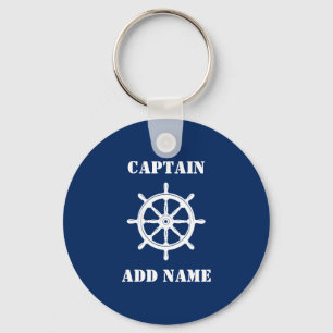 Ships Wheel Helm Captain or Boat Name Navy Blue Keychain