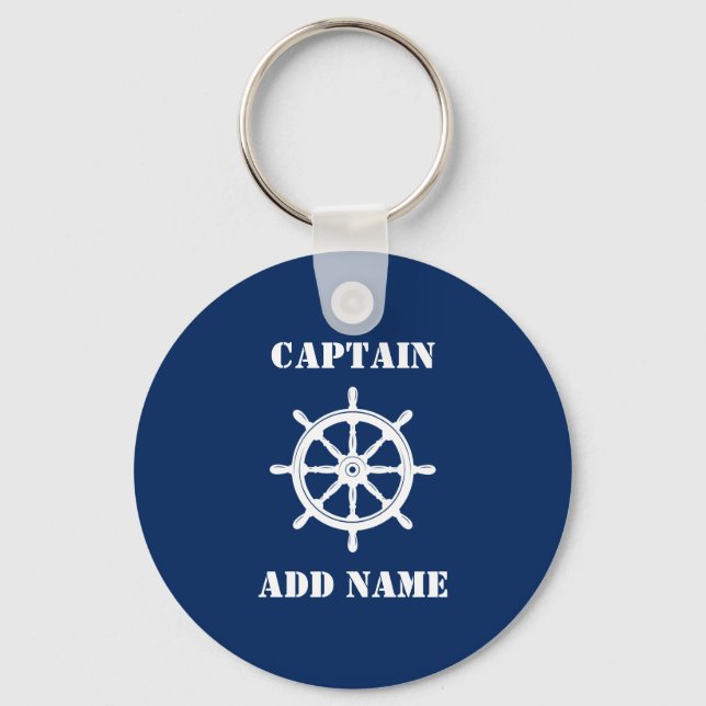 Ships Wheel Helm Captain or Boat Name Navy Blue Keychain (Front)