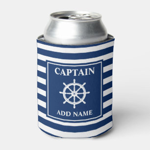 Ships Wheel Helm Captain or Boat Name Striped Can Cooler