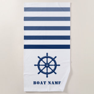 Ships Wheel Helm Your Boat Name Blue White Stripe Beach Towel
