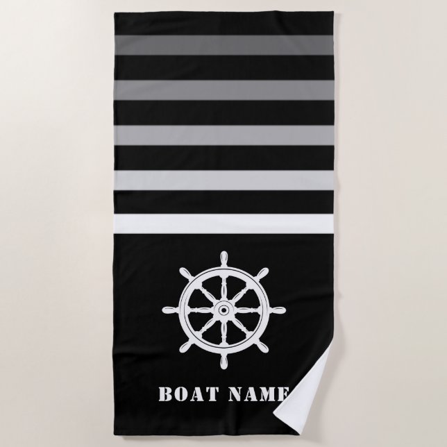 Ships Wheel Helm Your Boat Name Navy Black Beach Towel (Front)