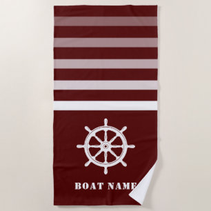 Ships Wheel Helm Your Boat Name Navy Red Beach Towel
