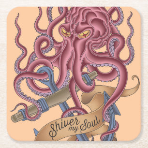 Shiver My Soul Octopus Tatto Square Paper Coaster