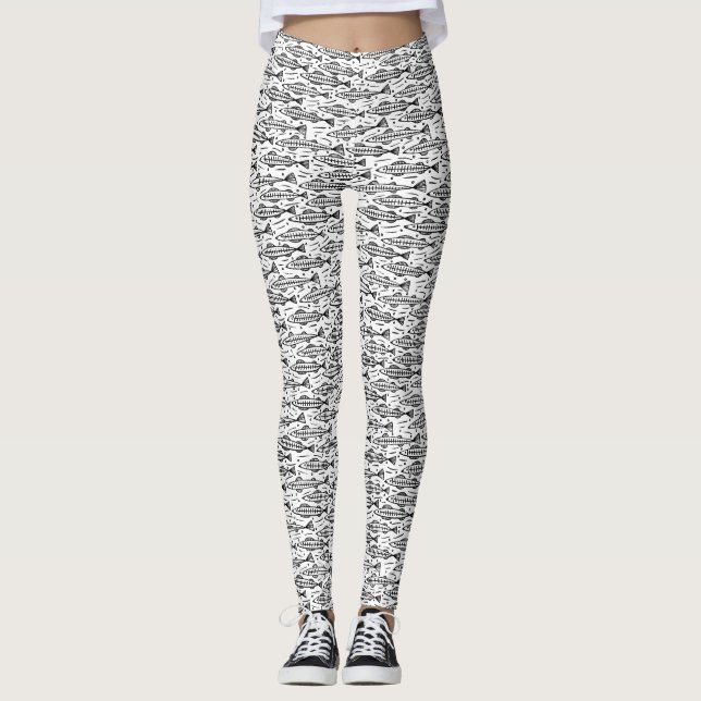 Shoal of Fish Pattern - Black on White Leggings (Front)