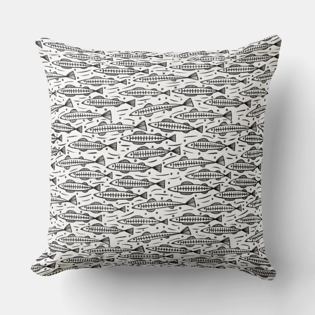 Shoal of Fish Pattern - Black on White Throw Pillow (Front)