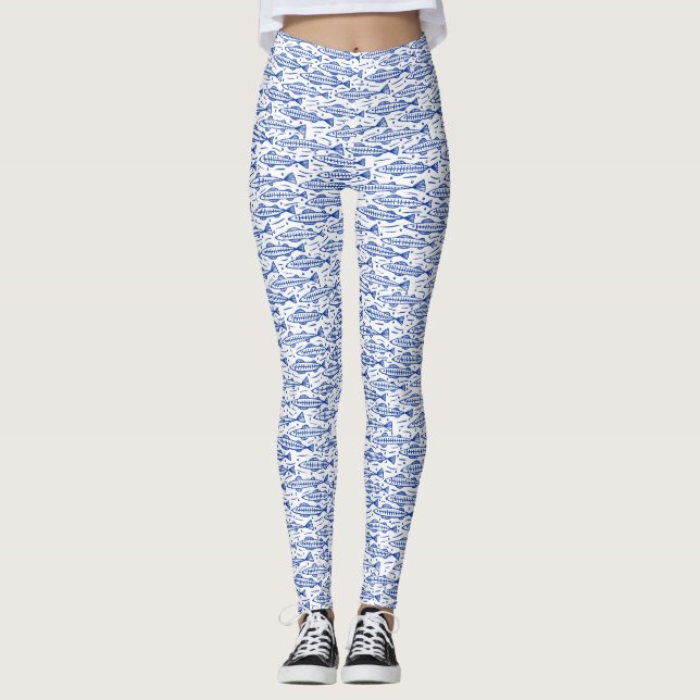 Shoal of Fish Pattern - Navy Blue on White Leggings (Front)