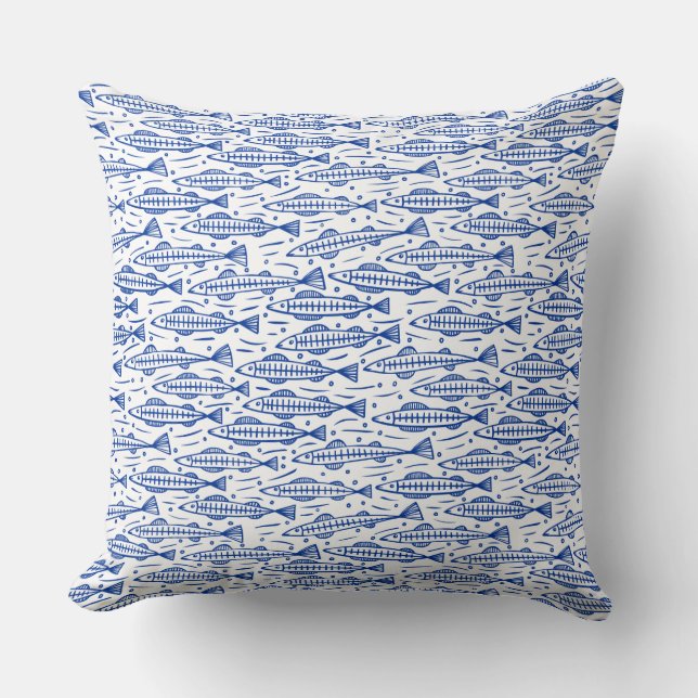 Shoal of Fish Pattern - Navy Blue on White Throw Pillow (Front)