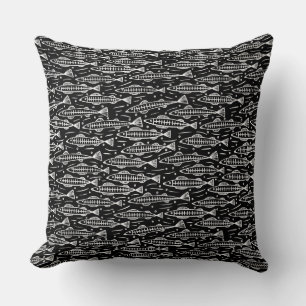 Shoal of Fish Pattern - White on Black Throw Pillow