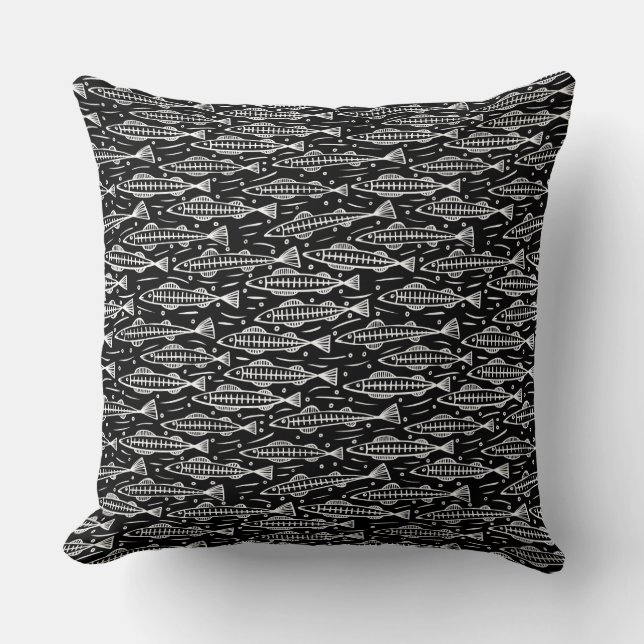 Shoal of Fish Pattern - White on Black Throw Pillow (Front)