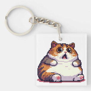 Shocked orange fat cat meme pixel art keychain
