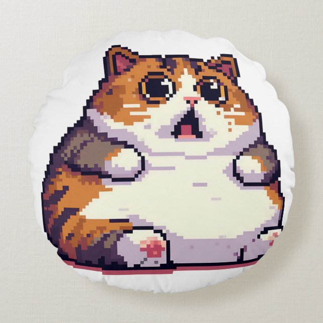 Shocked orange fat cat meme pixel art round pillow (Front)