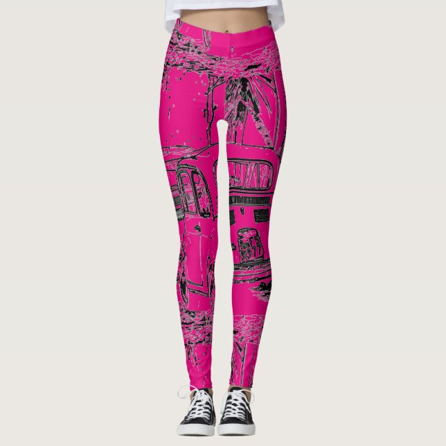 Shocking hot pink cool comic cartoon little car leggings (Front)