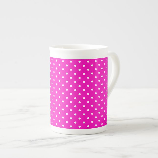 Shocking Pink and White Polka Dot Pattern Bone China Mug (Front Right)