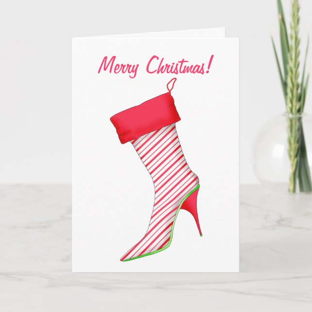 Shoe Lover High Heel Boot Peppermint Stocking Holiday Card (Front)
