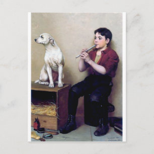 Shoe shine Boy playing flute and his Dog Postcard