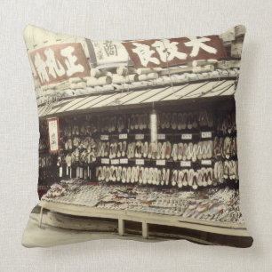 Shoe shop in Kyoto, c.1890 (hand-coloured photo) Throw Pillow