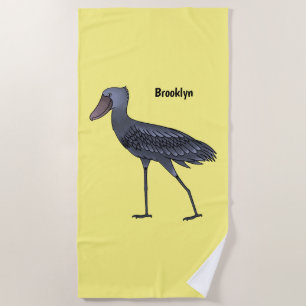 Shoebill bird cartoon illustration beach towel