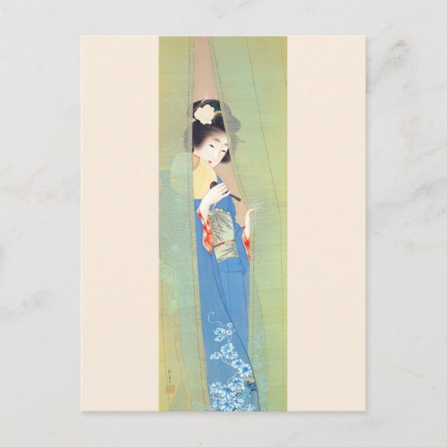 Shoen Uemura 上村松園 夏 着物 女性 舞妓 芸者 日本画 美人画 浮世絵 青 緑 Postcard (Front)