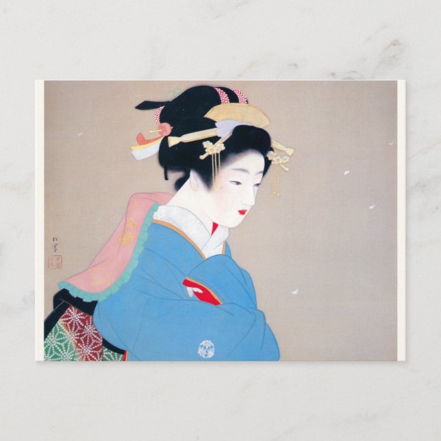 Shoen Uemura 上村松園 着物 女性 冬 雪 舞妓 芸者 日本画 美人画 浮世絵 青 Postcard (Front)
