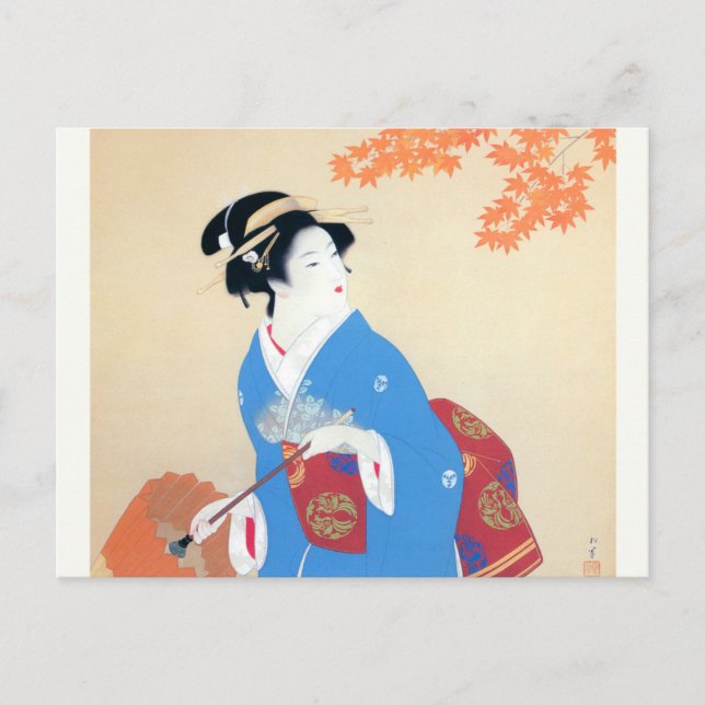 Shoen Uemura 上村松園 秋 紅葉 着物 女性 芸者 日本画 美人画 浮世絵 オレンジ 青 Postcard (Front)