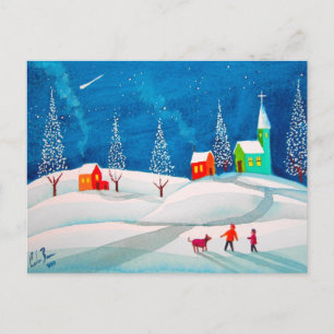 Shooting star folk naive art winter snow scene postcard