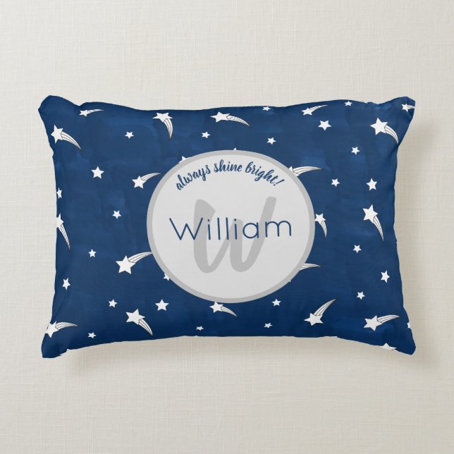 Shooting Stars Navy Blue Watercolor Monogram Accent Pillow (Front)
