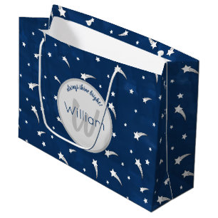 Shooting Stars Navy Blue Watercolor Monogram Large Gift Bag