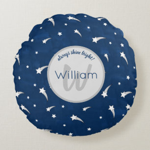 Shooting Stars Navy Blue Watercolor Monogram Round Pillow
