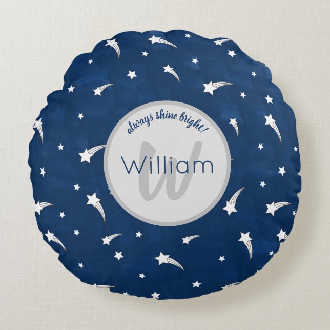 Shooting Stars Navy Blue Watercolor Monogram Round Pillow (Front)