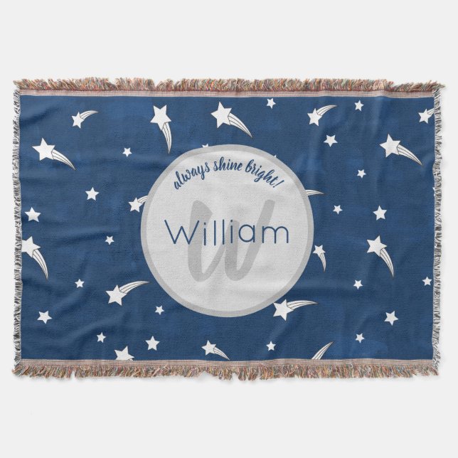 Shooting Stars Navy Blue Watercolor Monogram Throw Blanket (Front)