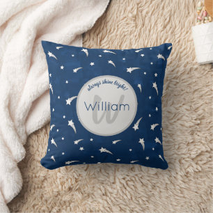Shooting Stars Navy Blue Watercolor Monogram Throw Pillow
