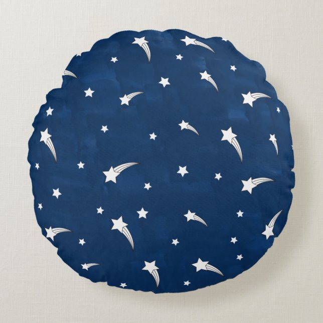 Shooting Stars Navy Blue Watercolor Round Pillow (Front)