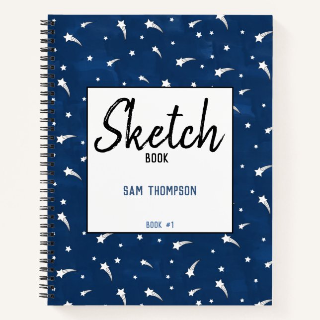 Shooting Stars Navy Blue Watercolor Sketchbook Notebook (Front)