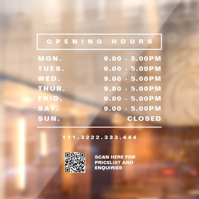 Shop Opening Hours Window cling (Sheet 2)